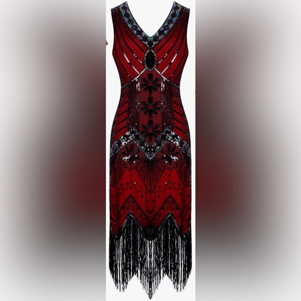 Red & Black Beaded Flapper Dress with Fringe